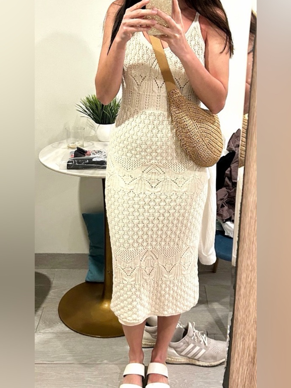 Cream Sleeveless Crochet Knit Maxi Dress Freshman 1996